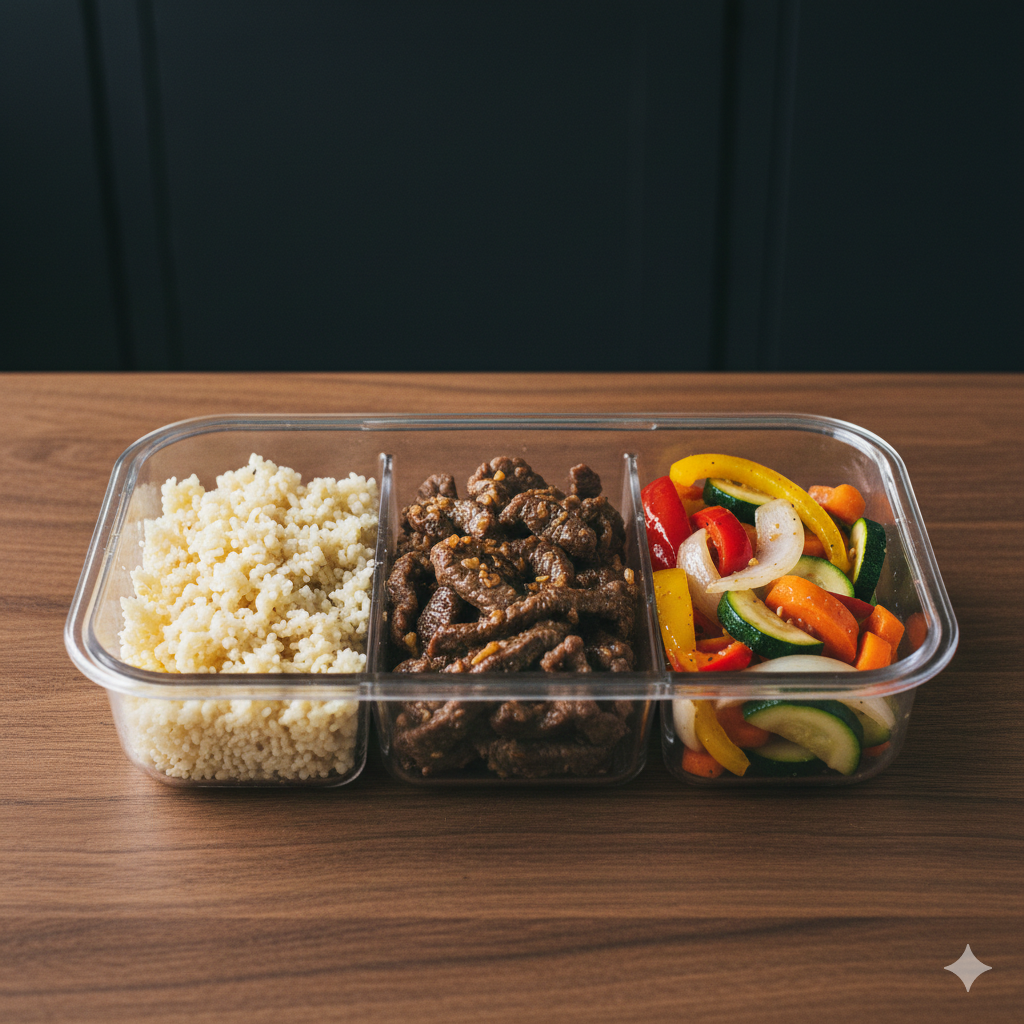 Tupper de arroz de coliflor con ternera y verduras